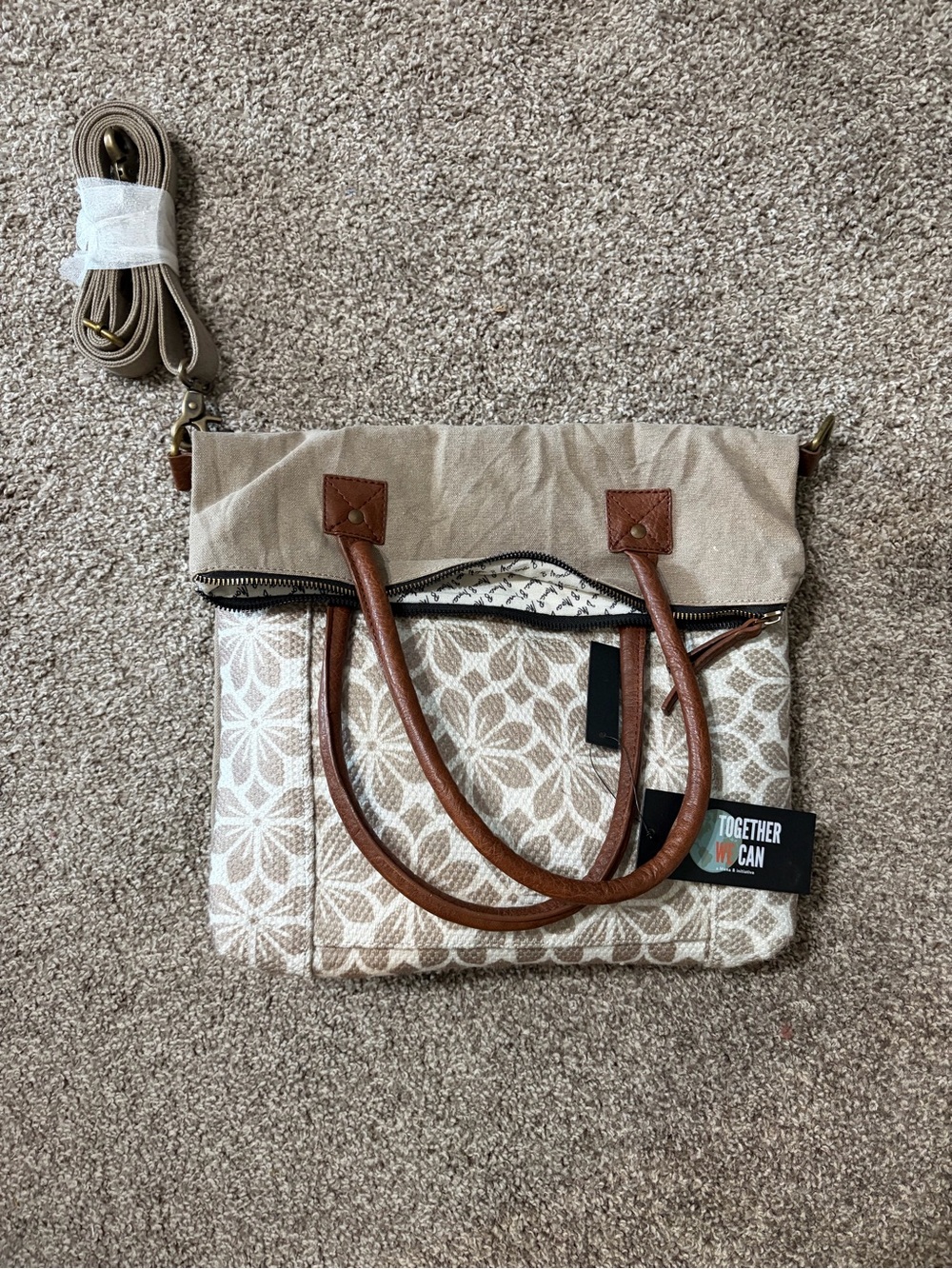 Mona B Canvas Floral Tote with Brown Trim - Together Collection